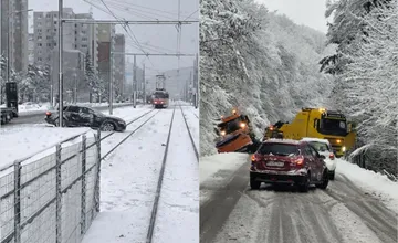 FOTO: Po návale snehu v Bratislave došlo k viacerým nehodám. Snežný pluh skončil v jarku, auto na električkovej koľaji