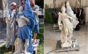 FOTO: Socha sv. Floriána sa čoskoro vráti na svoje miesto v Rači. Reštaurátori VŠVU ukázali, ako zatiaľ vyzerá