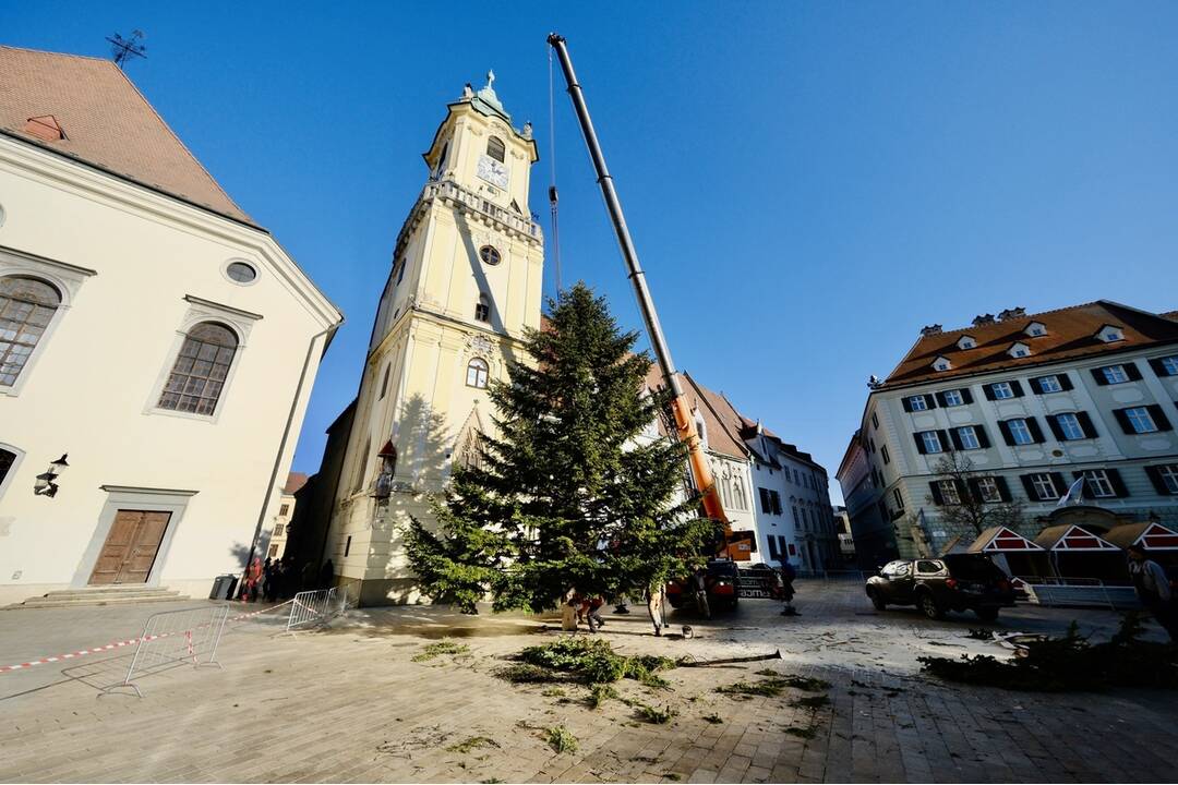 FOTO: Takto prevážali a stavali tohtoročný vianočný stromček v centre Bratislavy, foto 8