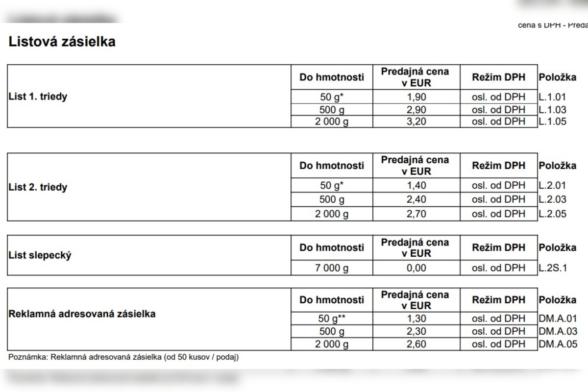 FOTO: Cenník služieb Slovenskej pošty platný od 1. januára 2026, foto 1