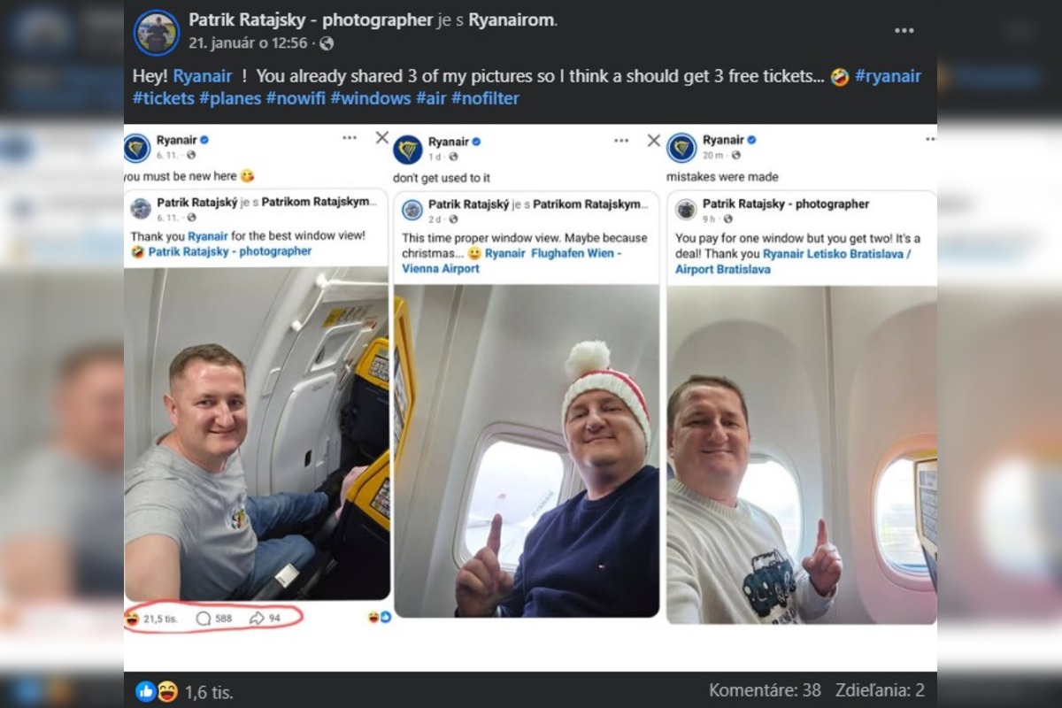 FOTO: Ryanair dookola zdieľa Patrikove fotky. Ten si pýta letenky zadarmo, foto 4